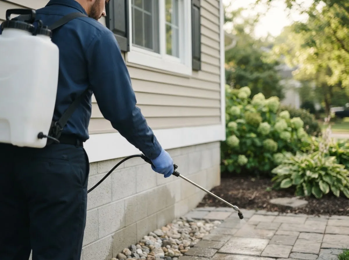 Pest control technician inspecting a home in Crossville, IL